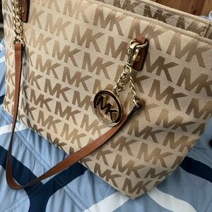 Michael Kors Tan and Gold Tote Bag with Signature Monogram